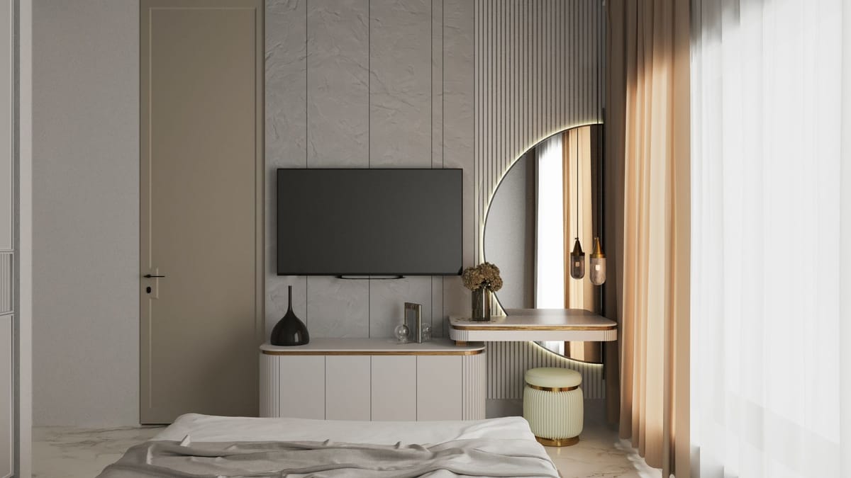 A bedroom with a fluted panel wall, round mirror and warm curtains