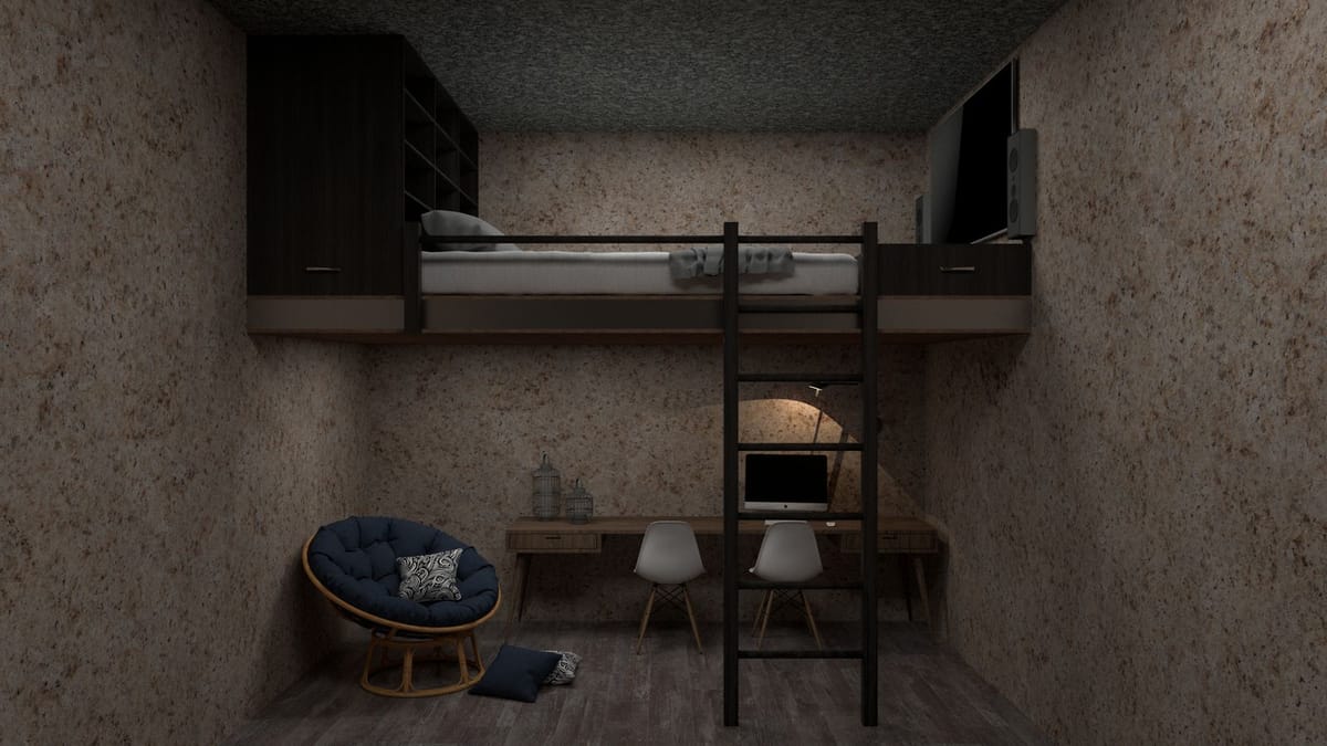 A loft bed above a desk, an example of space saving furniture
